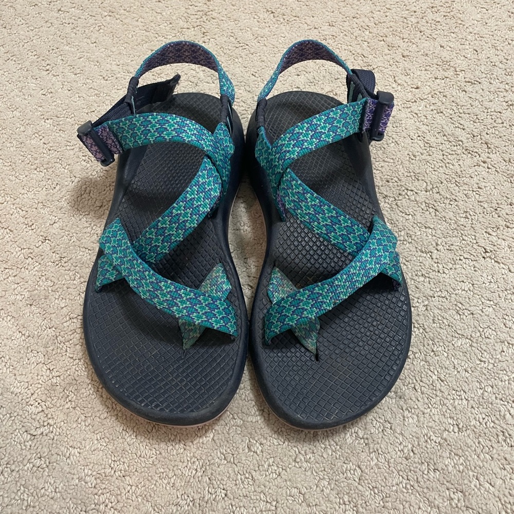teal and purple Chacos, size 8